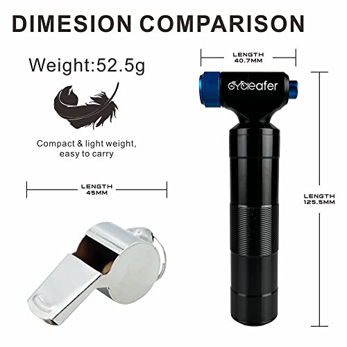 Cycleafer® CO2 Bike Pump, Premium Quality, Easy and Quick Inflation of Bicycle Tyres This mini bicycle pump is suitable for inflating Presta & Schrader valves. (co2 cartridge sold separatly)