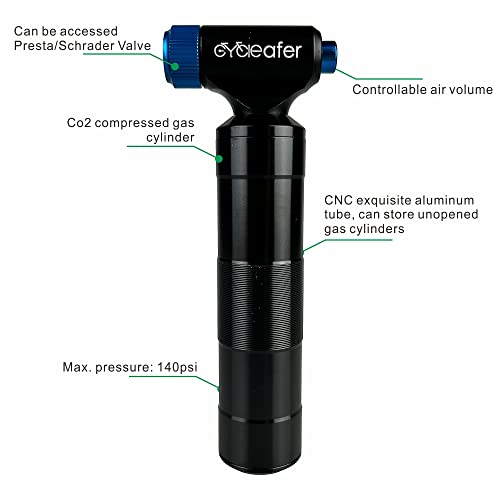 Cycleafer® CO2 Bike Pump, Premium Quality, Easy and Quick Inflation of Bicycle Tyres This mini bicycle pump is suitable for inflating Presta & Schrader valves. (co2 cartridge sold separatly)