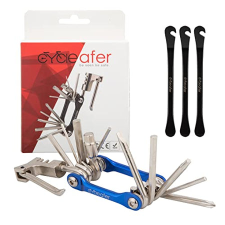 Cycleafer® Multifunction Tools & Bike Tyre levers Set of 3, Includes 12 Functions: 2/2.5/ 3/ 4/ 5/ 6/ 8Hex/Cross Screwdriver/ Straight Screwdriver/ T25 Screwdriver/Tire Pry Bar/Chain Rivet Extractor.