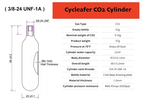 Cycleafer® CO2 cartridge 16g threaded - Fit Cycleafer CO2 Pump Models: CO2-A8-CFC & CO2-A8, Suitable for any bike.