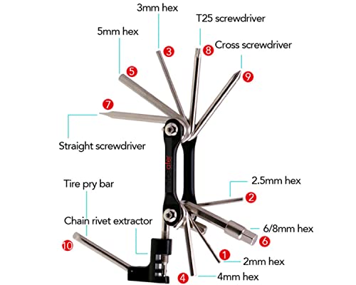 Cycleafer® Multifunction Tools & Bike Tyre levers Set of 3, Includes 12 Functions: 2/2.5/ 3/ 4/ 5/ 6/ 8Hex/Cross Screwdriver/ Straight Screwdriver/ T25 Screwdriver/Tire Pry Bar/Chain Rivet Extractor.