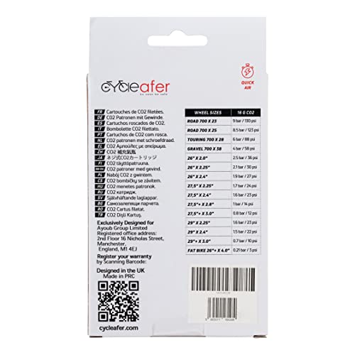 Cycleafer® CO2 cartridge 16g threaded - Fit Cycleafer CO2 Pump Models: CO2-A8-CFC & CO2-A8, Suitable for any bike.