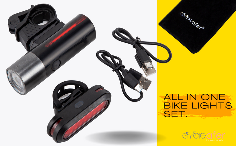 Cycleafer® Bike Lights, Front & Rear Lights built-in Battery, Cycle Lights Bicycle light for late night Bicycle Riding, Bike Lights Set Rechargeable, easy attach Powerful & Shockproof, easily mounted. - Cycleafer.com