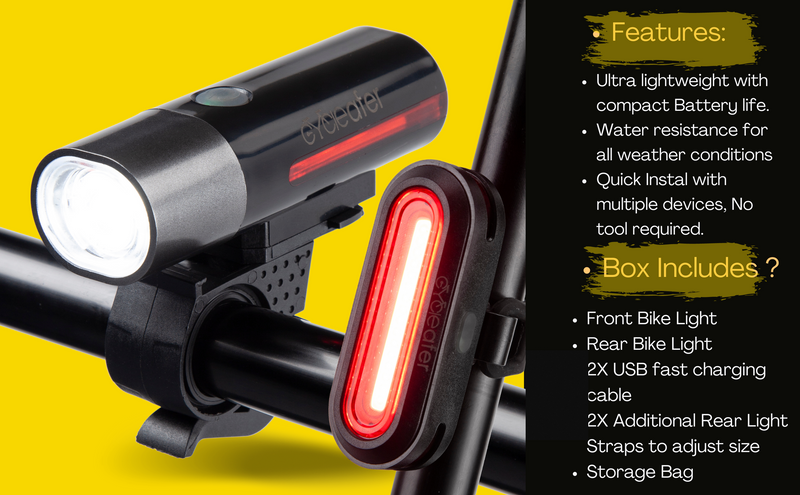 Cycleafer® BIKE LIGHTS SET, USB Rechargeable LED BIKE LIGHT, POWERFUL Lumens, FRONT Bicycle Lights + TAILLIGHT Rear Light, Premium Quality Flashlight, Module aubVOLT