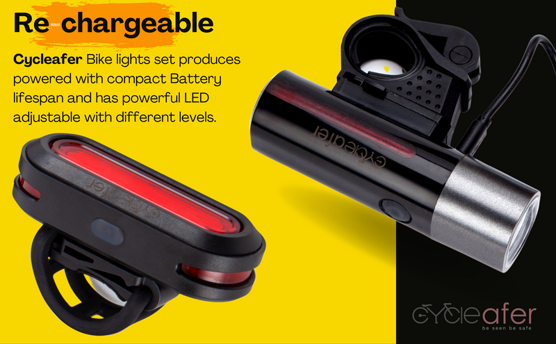 Cycleafer® BIKE LIGHTS SET, USB Rechargeable LED BIKE LIGHT, POWERFUL Lumens, FRONT Bicycle Lights + TAILLIGHT Rear Light, Premium Quality Flashlight, Module aubVOLT